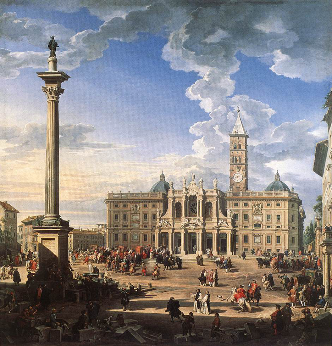 Datei:Giovanni_Paolo_Pannini_-_The_Piazza_and_Church_w.jpg Urheber:Giovanni Paolo Pannini, italienischer Maler 1691-1765, Gemaelde 1744, © nach Gemeinfrei, Public domain