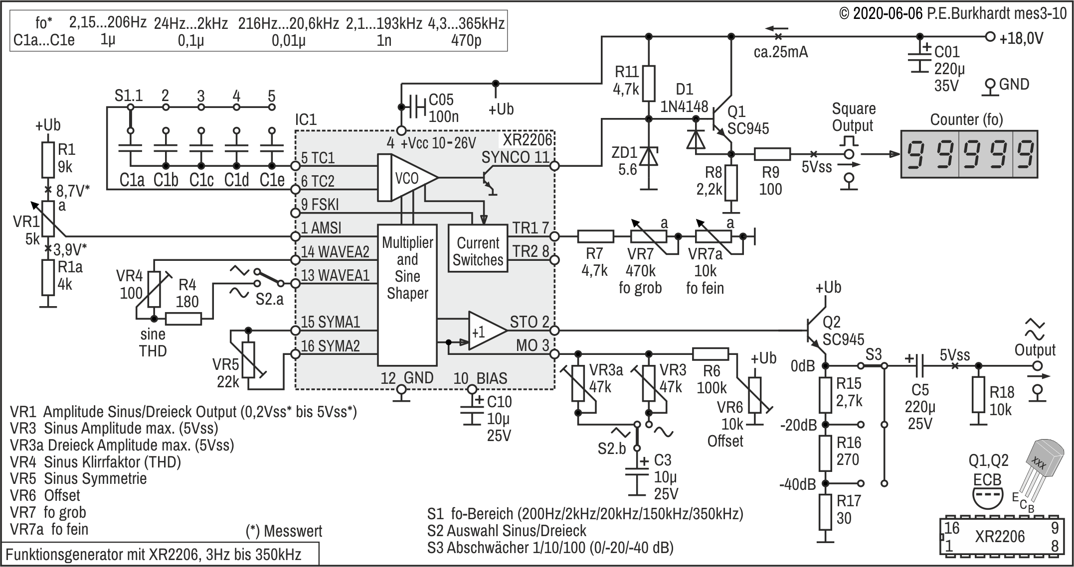 Funktionsgenerator XR2206, 3 Hz bis 350 kHz