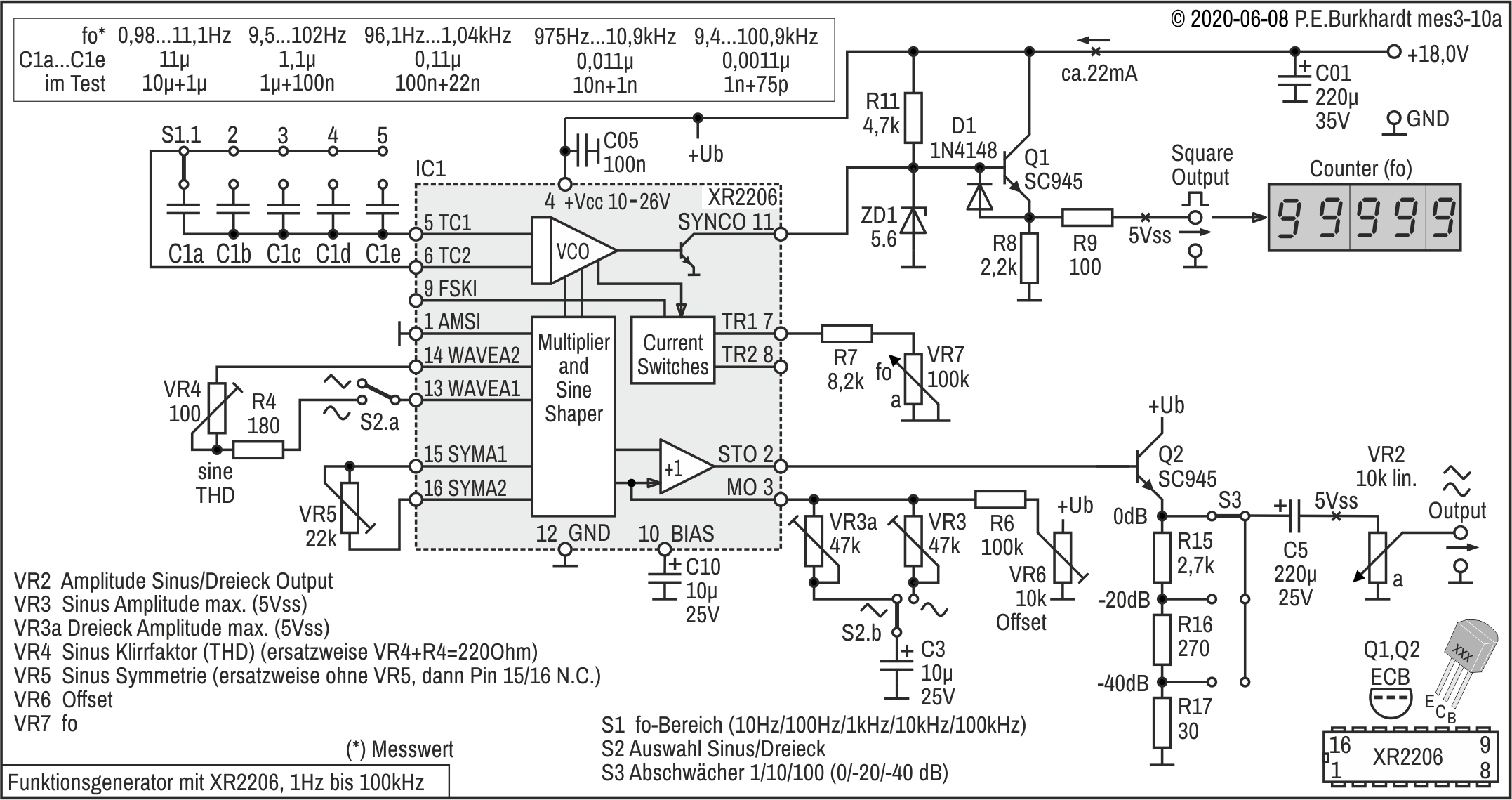 Funktionsgenerator XR2206, 1 Hz bis 100 kHz