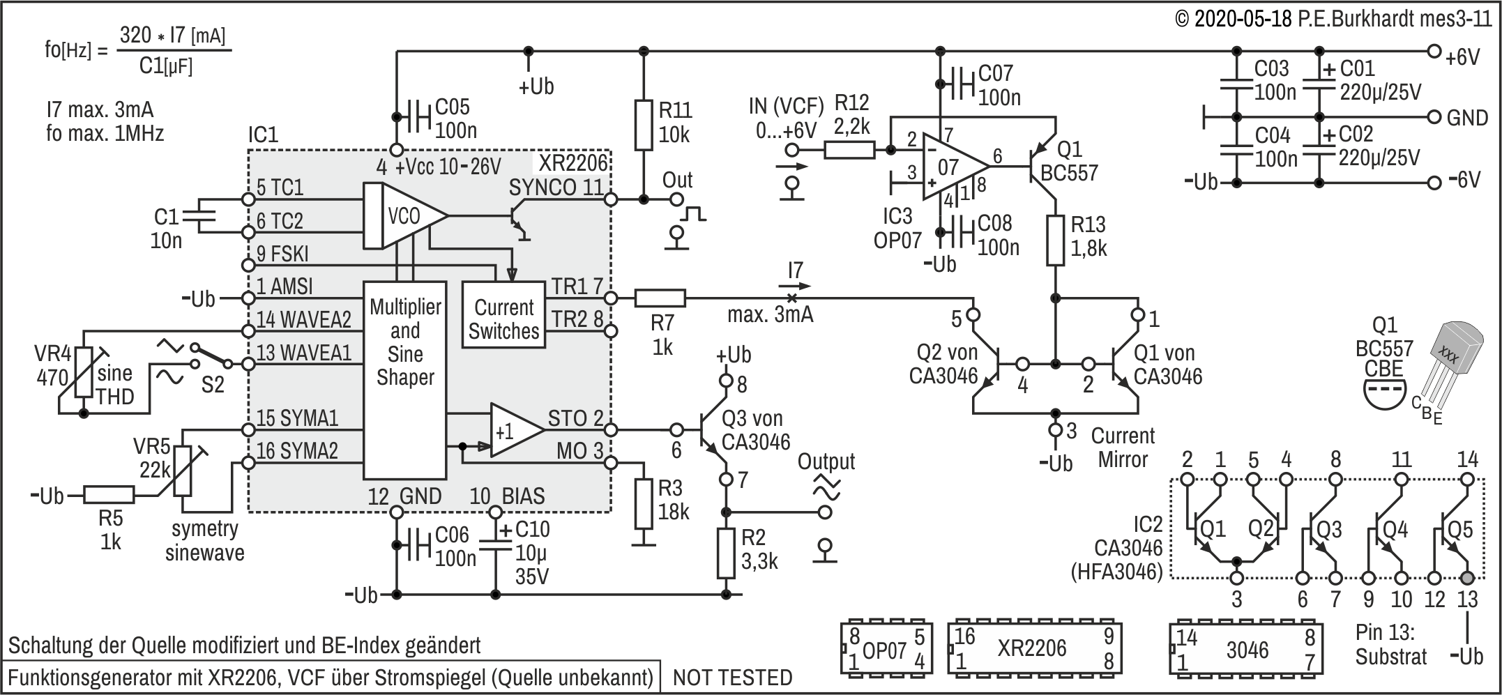 Funktionsgenerator XR2206 mit Current Mirror (CA3046)