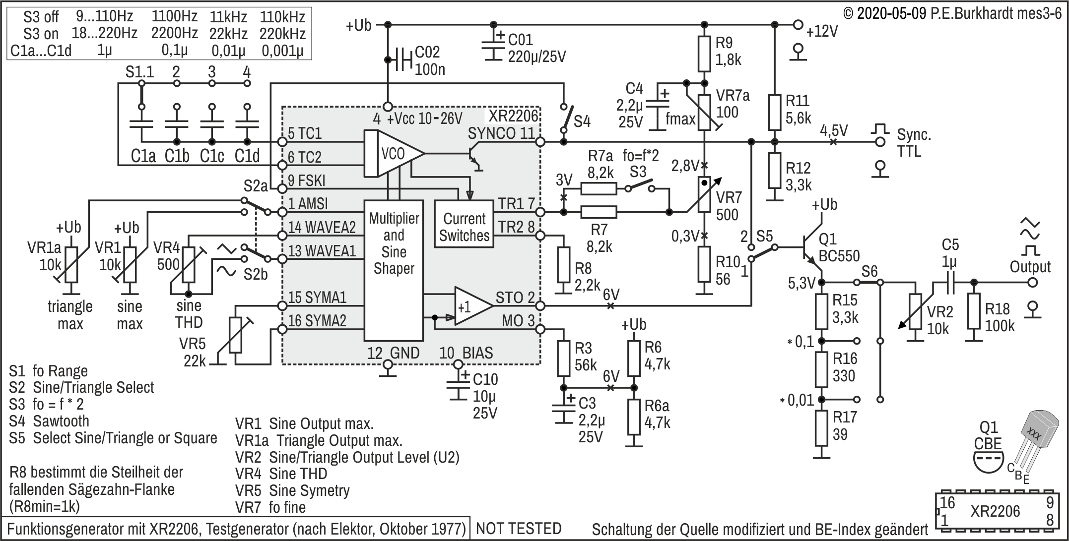 Funktionsgenerator XR2206 nach Elektor 1977