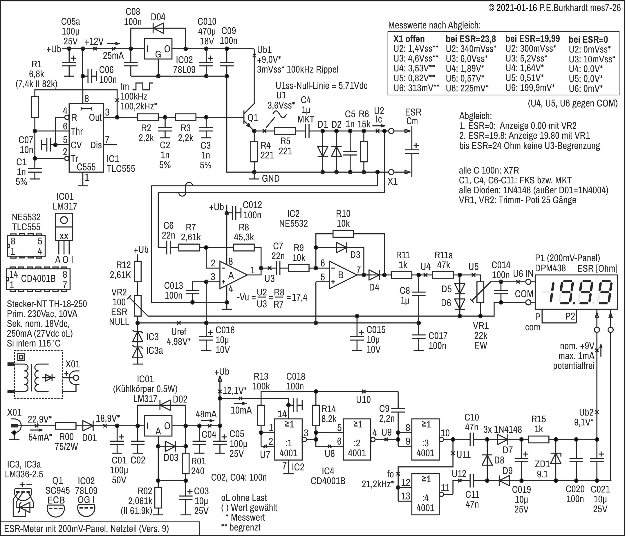 ESR-Messgert (9), mit Digital-Panel DPM438 und Netzteil