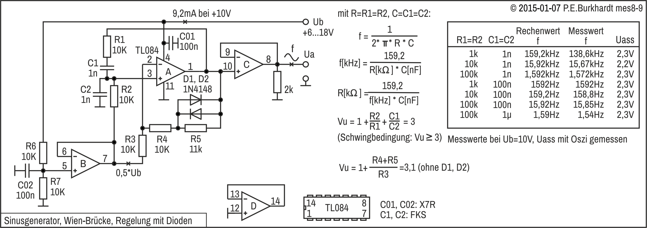 Sinusgenerator (Wien-Brcke) mit Dioden-Regelung, TL084