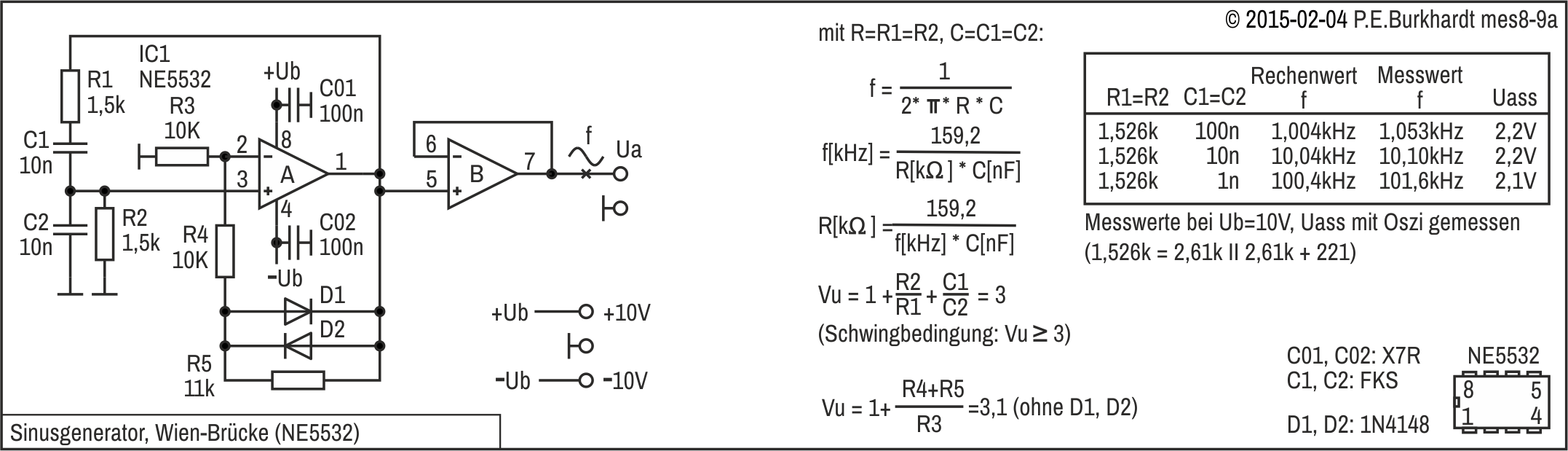 Sinusgenerator (Wien-Brcke) mit Dioden-Regelung, NE5532